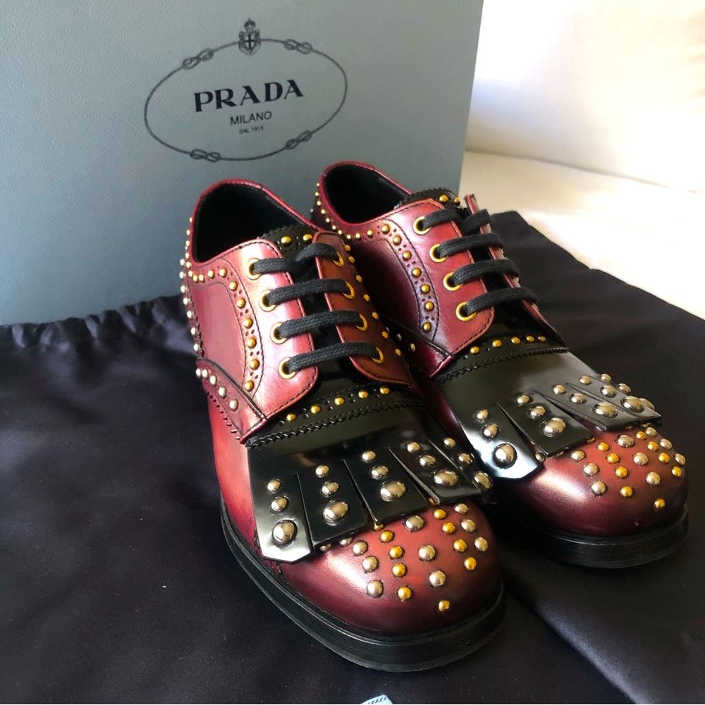 Prada Derby Studded Kiltie Lace Up Shoes EU 37 US 6.5